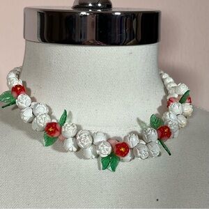 Antique 1920's Art Deco Carved white celluloid Flower Fruit Salad Necklace